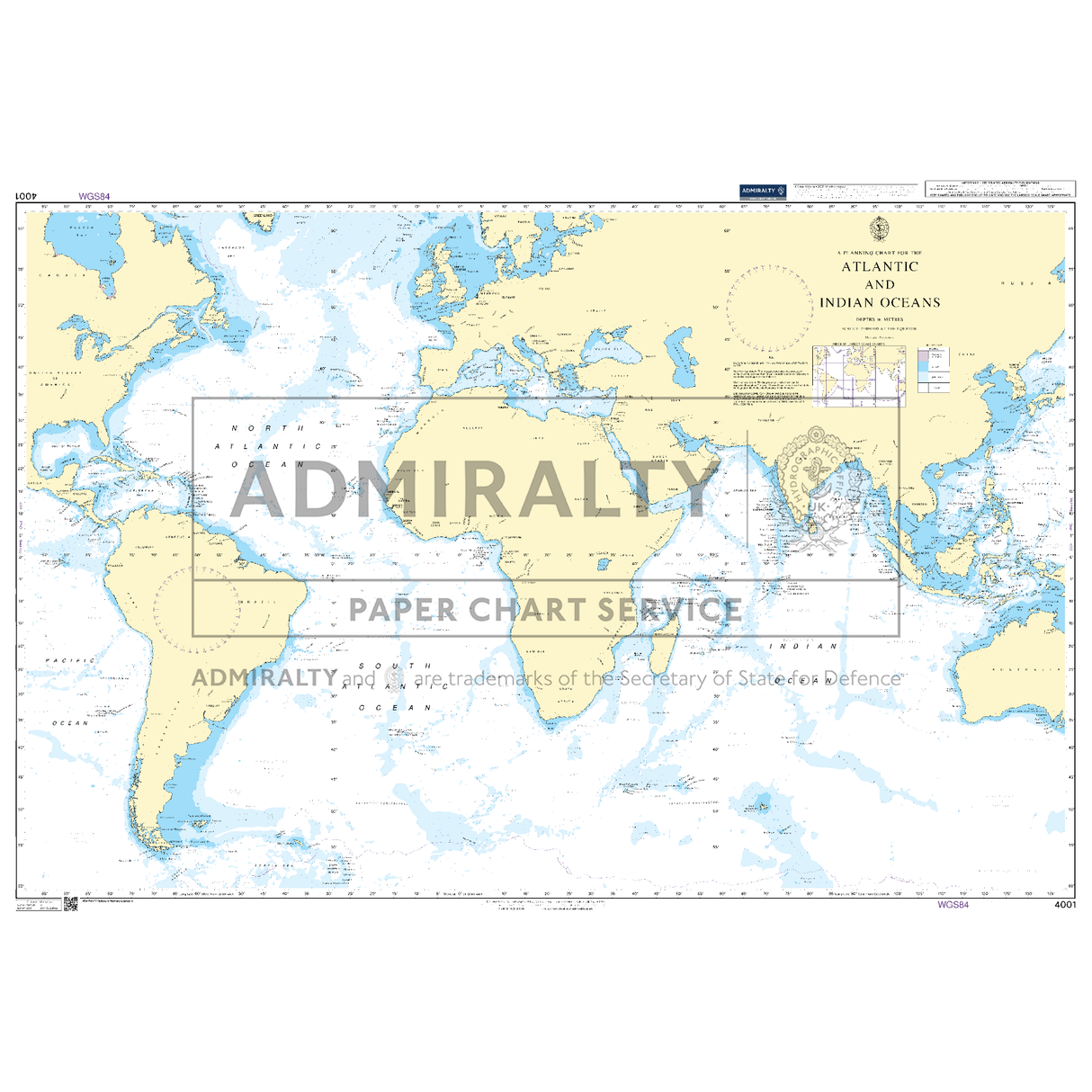 Product image of Admiralty Chart 4001 | A Planning Chart for the Atlantic and Indian Oceans, featuring navigational markings, depth soundings, and coastal features, essential for safe marine navigation. It could be displayed as an art piece or used for navigation on a boat or ship.