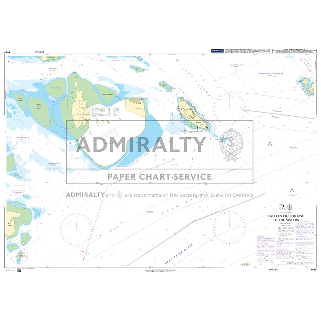 Product image of Admiralty Chart 4036 | Raffles Lighthouse to The Sisters, featuring navigational markings, depth soundings, and coastal features, essential for safe marine navigation. It could be displayed as an art piece or used for navigation on a boat or ship.