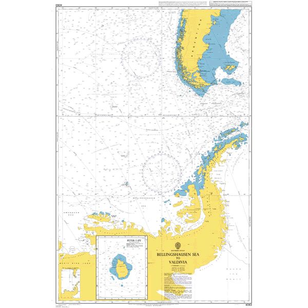 Product image of Admiralty Chart 4063 | Bellingshausen Sea to Valdivia, featuring navigational markings, depth soundings, and coastal features, essential for safe marine navigation. It could be displayed as an art piece or used for navigation on a boat or ship.