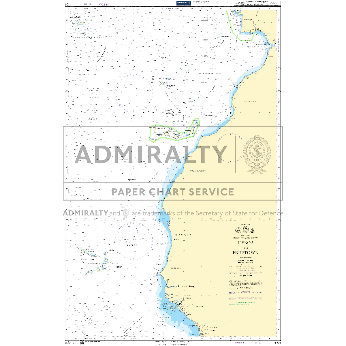 Product image of Admiralty Chart 4104 | Lisboa to Freetown, featuring navigational markings, depth soundings, and coastal features, essential for safe marine navigation. It could be displayed as an art piece or used for navigation on a boat or ship.