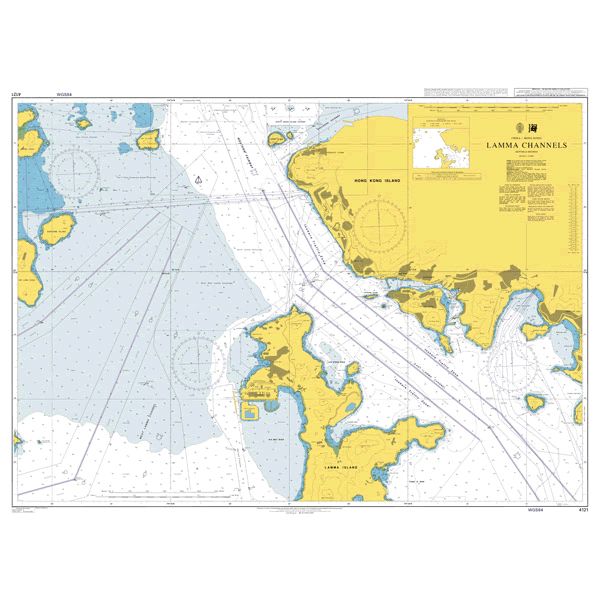 Product image of Admiralty Chart 4121 | Lamma Channels, featuring navigational markings, depth soundings, and coastal features, essential for safe marine navigation. It could be displayed as an art piece or used for navigation on a boat or ship.
