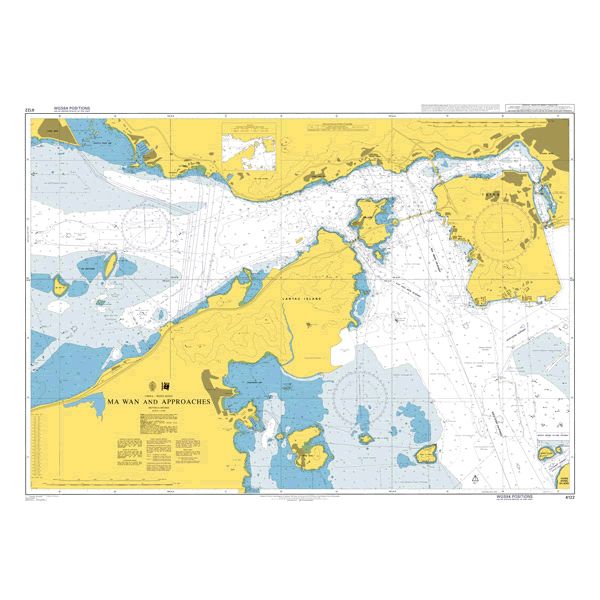 Product image of Admiralty Chart 4122 | Ma Wan and Approaches, featuring navigational markings, depth soundings, and coastal features, essential for safe marine navigation. It could be displayed as an art piece or used for navigation on a boat or ship.
