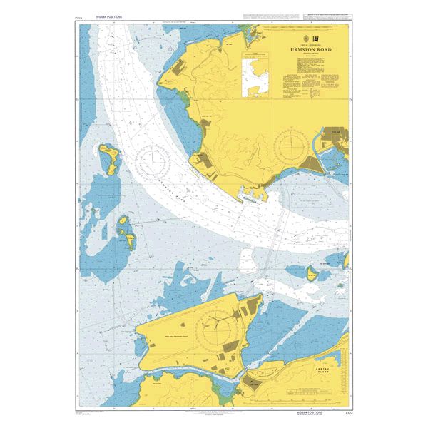 Product image of Admiralty Chart 4123 | Urmston Road, featuring navigational markings, depth soundings, and coastal features, essential for safe marine navigation. It could be displayed as an art piece or used for navigation on a boat or ship.