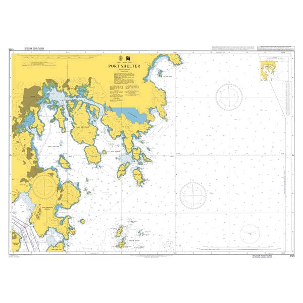 Product image of Admiralty Chart 4126 | Port Shelter, featuring navigational markings, depth soundings, and coastal features, essential for safe marine navigation. It could be displayed as an art piece or used for navigation on a boat or ship.