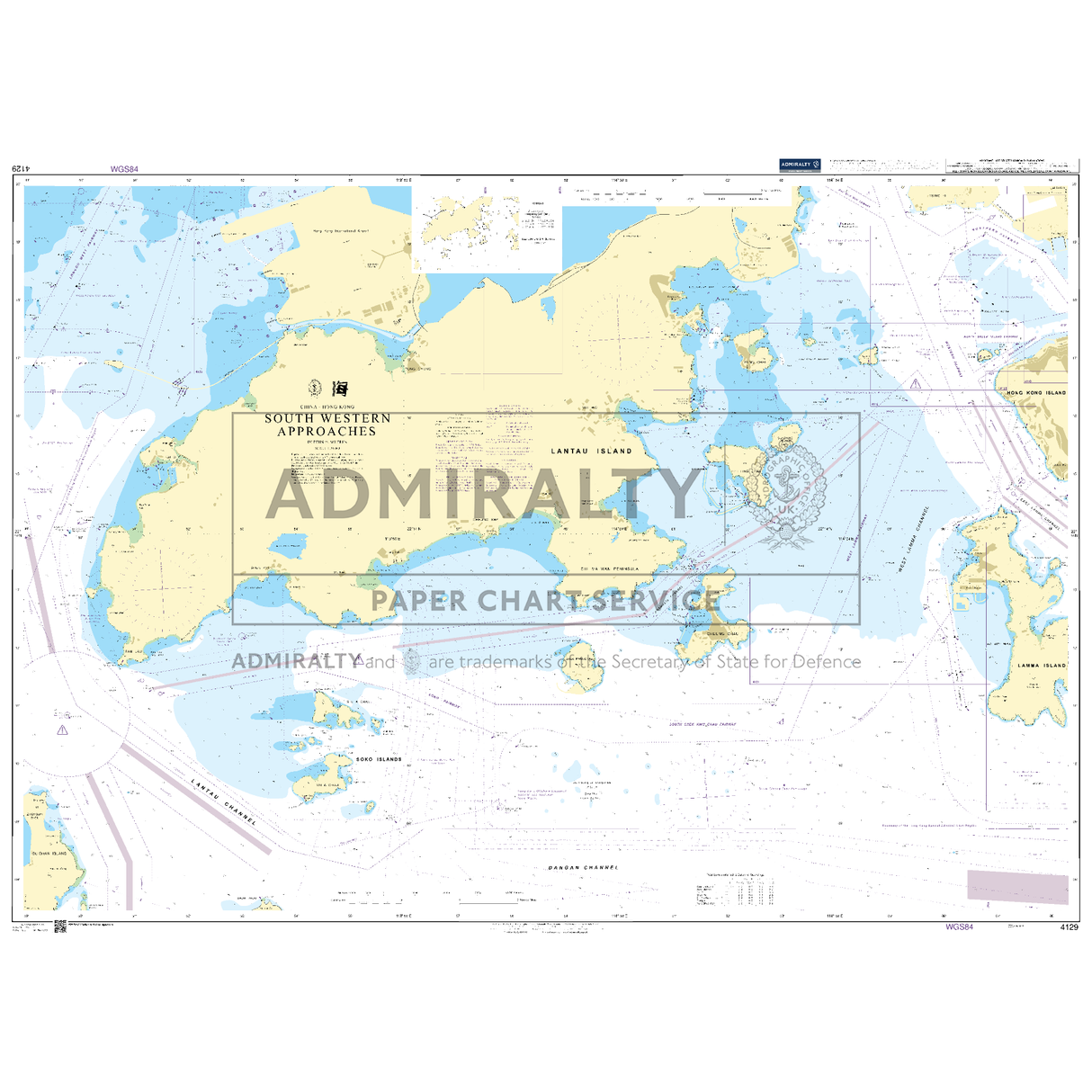 Product image of Admiralty Chart 4129 | South Western Approaches, featuring navigational markings, depth soundings, and coastal features, essential for safe marine navigation. It could be displayed as an art piece or used for navigation on a boat or ship.