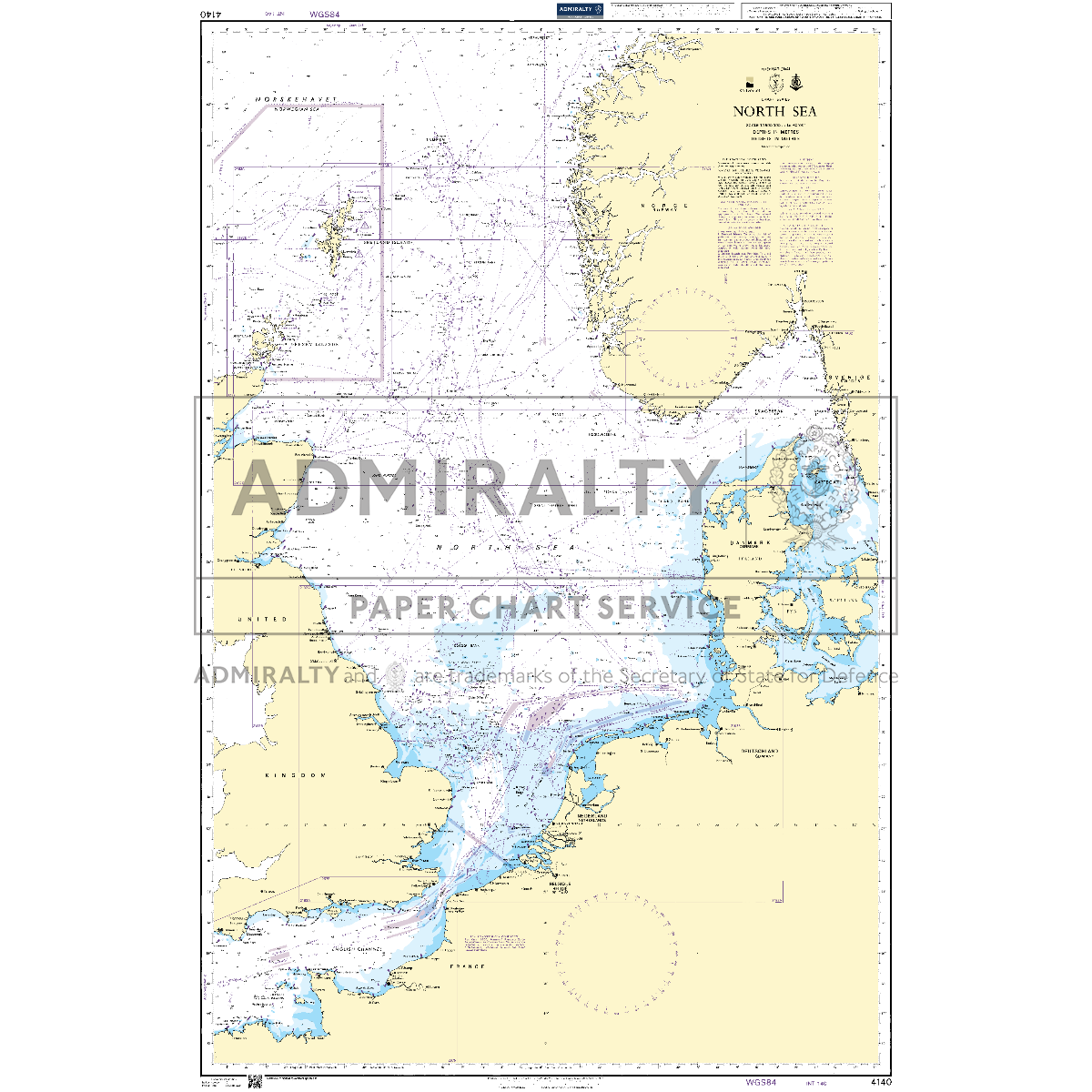 Product image of Admiralty Chart 4140 | North Sea, featuring navigational markings, depth soundings, and coastal features, essential for safe marine navigation. It could be displayed as an art piece or used for navigation on a boat or ship.