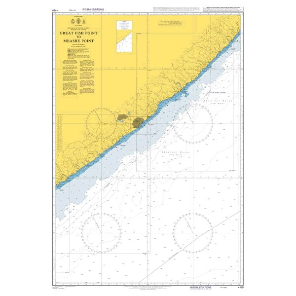 Product image of Admiralty Chart 4159 | Great Fish Point to Mbashe Point, featuring navigational markings, depth soundings, and coastal features, essential for safe marine navigation. It could be displayed as an art piece or used for navigation on a boat or ship.