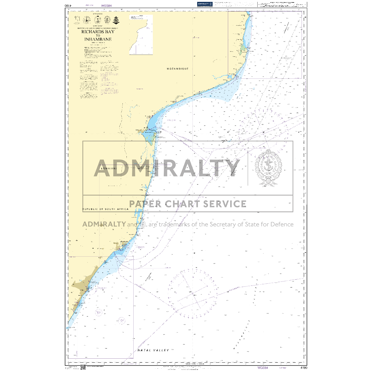 Product image of Admiralty Chart 4180 | Richards Bay to Inhambane, featuring navigational markings, depth soundings, and coastal features, essential for safe marine navigation. It could be displayed as an art piece or used for navigation on a boat or ship.