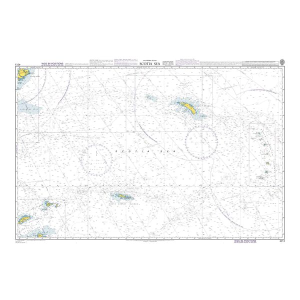 Product image of Admiralty Chart 4213 | Scotia Sea, featuring navigational markings, depth soundings, and coastal features, essential for safe marine navigation. It could be displayed as an art piece or used for navigation on a boat or ship.