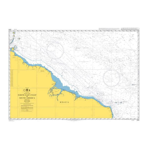Product image of Admiralty Chart 4216 | North East Coast of South America, featuring navigational markings, depth soundings, and coastal features, essential for safe marine navigation. It could be displayed as an art piece or used for navigation on a boat or ship.
