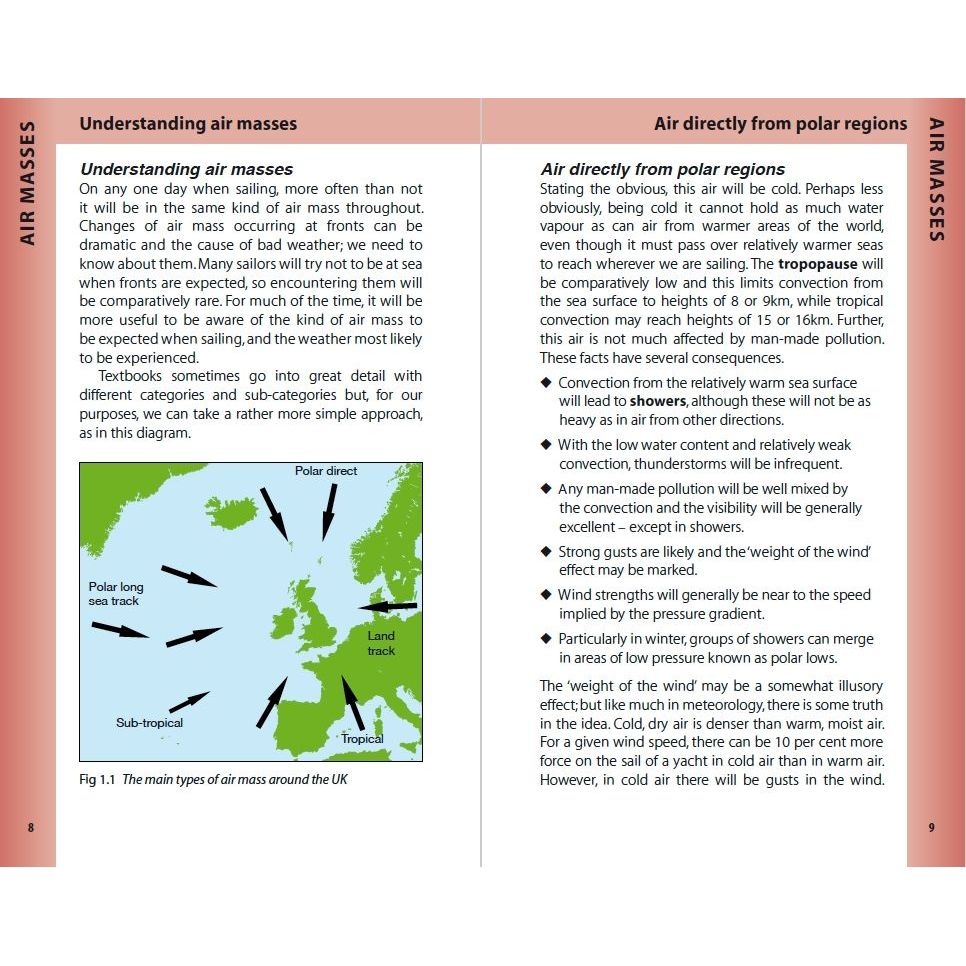 The Reeds Weather Handbook 2nd edition by Adlard Coles covers air masses and their climate effects, featuring sections on "Understanding Air Masses" and "Air Directly from Polar Regions," with diagrams of air movement, sailing, and atmospheric layers.
