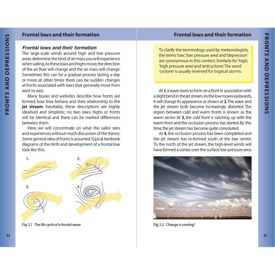 The Reeds Weather Handbook 2nd edition by Adlard Coles offers educational content on weather fronts and depressions, covering air pressure changes, wind direction, cyclones, and coastal navigation. It includes detailed diagrams of frontal lows with explanations of meteorological concepts.