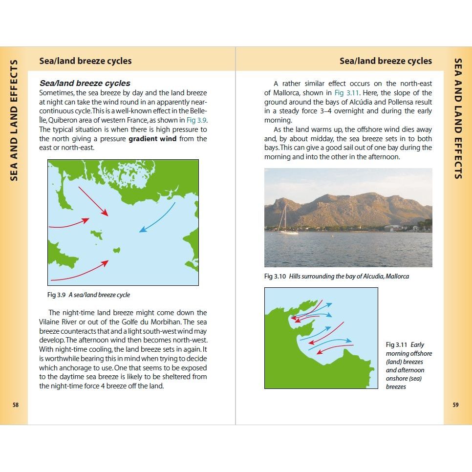 The geography textbook spread provides insights into sea and land breeze cycles, featuring illustrations Fig 3.9 and Fig 3.10, with the right page using Reeds Weather Handbook by Adlard Coles to explore coastal navigation and Fig 3.11 showing daytime onshore breezes.
