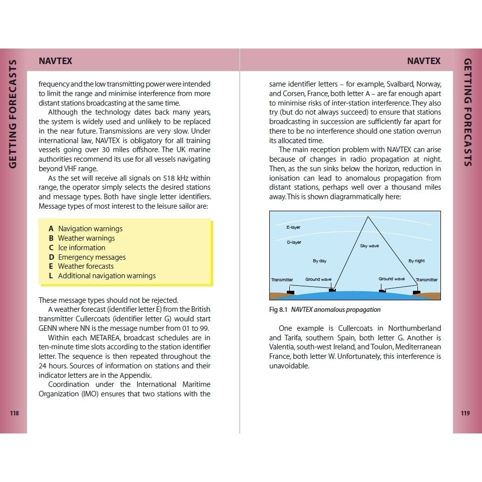 A two-page spread in the Reeds Weather Handbook 2nd edition by Adlard Coles covers NAVTEX warnings and interference, complete with text, diagrams on earth radii differences, a table of extra auto alarms, headings, and icons for enhanced coastal navigation for both sail and power.