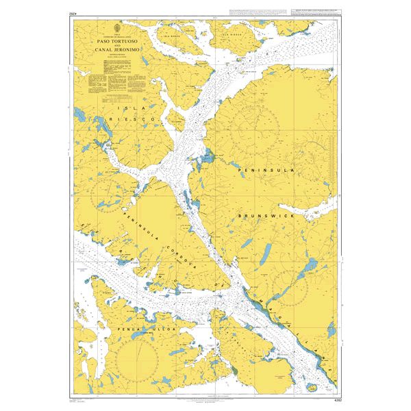 Product image of Admiralty Chart 4262 | Paso Tortuoso and Canal Jeronimo, featuring navigational markings, depth soundings, and coastal features, essential for safe marine navigation. It could be displayed as an art piece or used for navigation on a boat or ship.