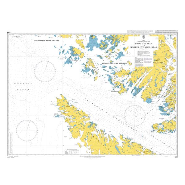 Product image of Admiralty Chart 4264 | Paso Del Mar to Islotes Evangelistas, featuring navigational markings, depth soundings, and coastal features, essential for safe marine navigation. It could be displayed as an art piece or used for navigation on a boat or ship.