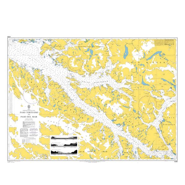 Product image of Admiralty Chart 4265 | Paso Tortuoso to Paso Del Mar, featuring navigational markings, depth soundings, and coastal features, essential for safe marine navigation. It could be displayed as an art piece or used for navigation on a boat or ship.