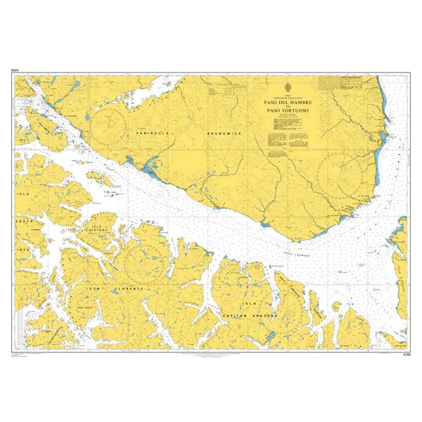 Product image of Admiralty Chart 4266 | Paso del Hambre to Paso Tortuoso, featuring navigational markings, depth soundings, and coastal features, essential for safe marine navigation. It could be displayed as an art piece or used for navigation on a boat or ship.