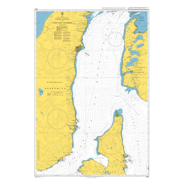 Product image of Admiralty Chart 4267 | Paso Nuevo to Paso Del Hambre, featuring navigational markings, depth soundings, and coastal features, essential for safe marine navigation. It could be displayed as an art piece or used for navigation on a boat or ship.