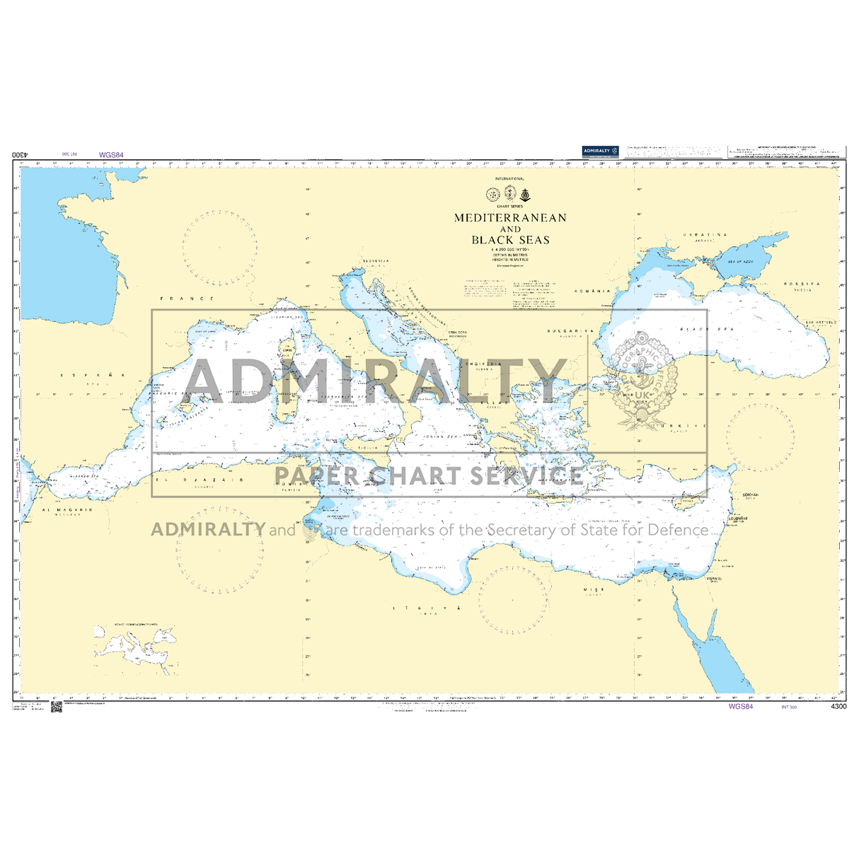Product image of Admiralty Chart 4300 | Mediterranean and Black Seas, featuring navigational markings, depth soundings, and coastal features, essential for safe marine navigation. It could be displayed as an art piece or used for navigation on a boat or ship.