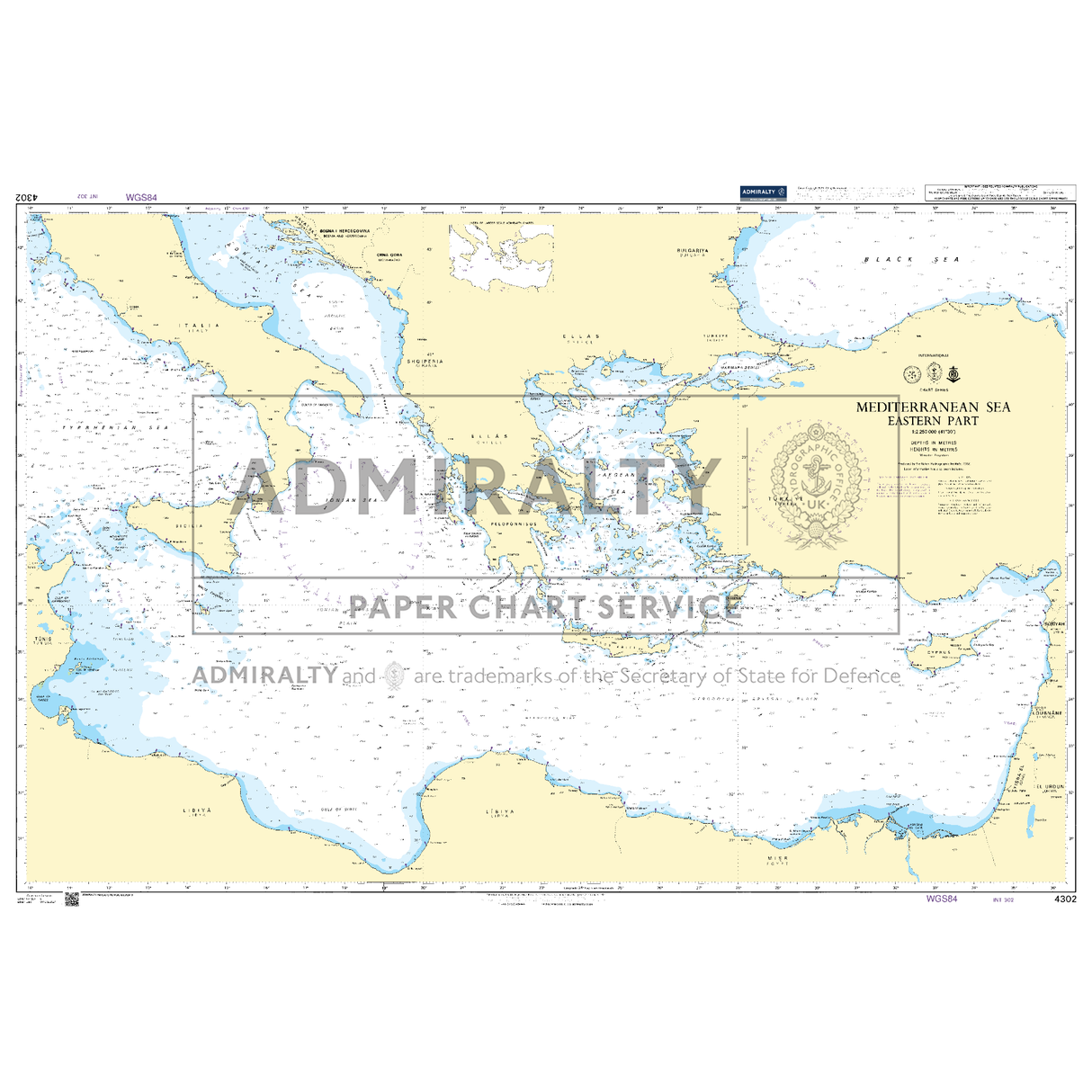 Product image of Admiralty Chart 4302 | Mediterranean Sea Eastern Part, featuring navigational markings, depth soundings, and coastal features, essential for safe marine navigation. It could be displayed as an art piece or used for navigation on a boat or ship.