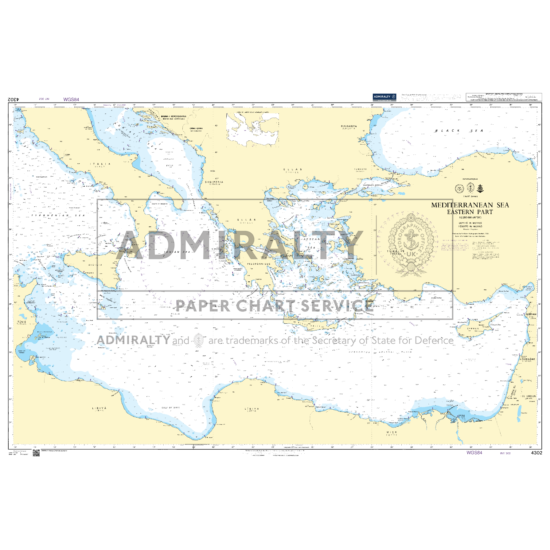 Product image of Admiralty Chart 4302 | Mediterranean Sea Eastern Part, featuring navigational markings, depth soundings, and coastal features, essential for safe marine navigation. It could be displayed as an art piece or used for navigation on a boat or ship.