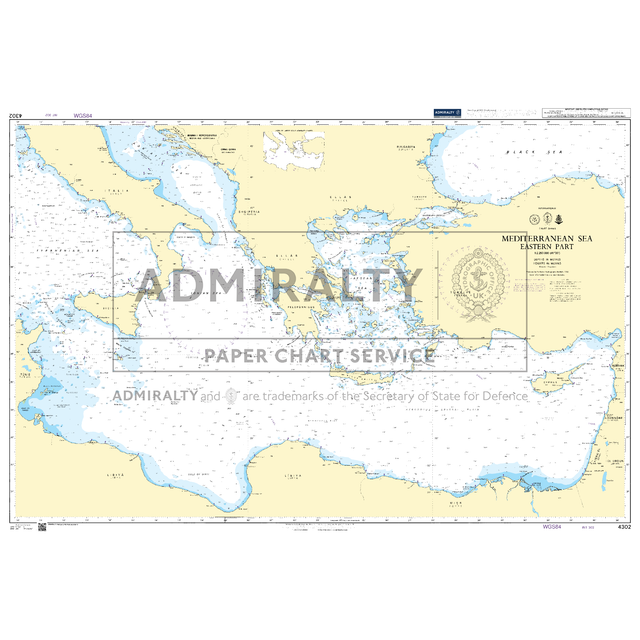 Product image of Admiralty Chart 4302 | Mediterranean Sea Eastern Part, featuring navigational markings, depth soundings, and coastal features, essential for safe marine navigation. It could be displayed as an art piece or used for navigation on a boat or ship.
