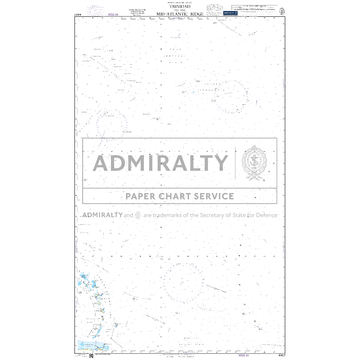 Product image of Admiralty Chart 4407 | Trinidad to the Mid-Atlantic Ridge, featuring navigational markings, depth soundings, and coastal features, essential for safe marine navigation. It could be displayed as an art piece or used for navigation on a boat or ship.