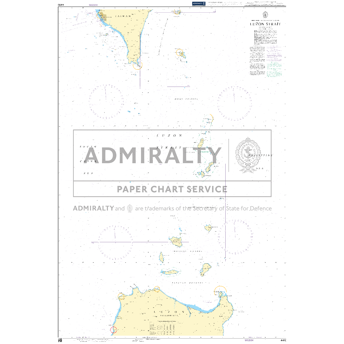 Product image of Admiralty Chart 4410 | Luzon Strait, featuring navigational markings, depth soundings, and coastal features, essential for safe marine navigation. It could be displayed as an art piece or used for navigation on a boat or ship.