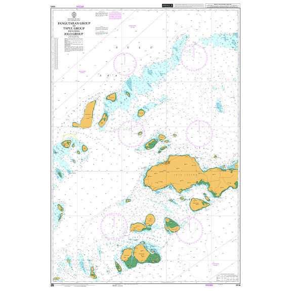 Product image of Admiralty Chart 4446 | Pangutaran Group to Tapul Group including Jolo Group, featuring navigational markings, depth soundings, and coastal features, essential for safe marine navigation. It could be displayed as an art piece or used for navigation on a boat or ship.