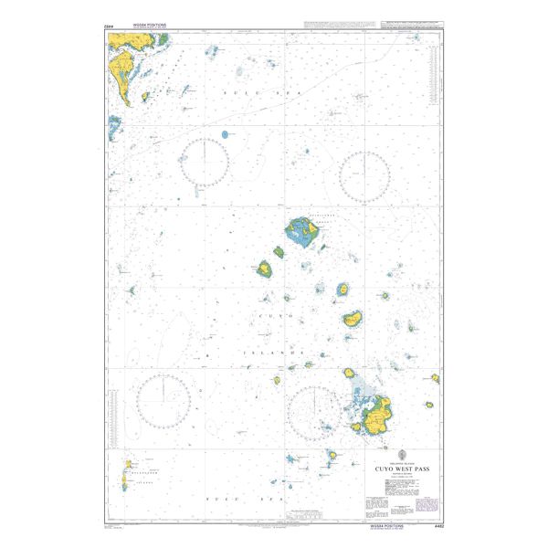 Product image of Admiralty Chart 4482 | Cuyo West Pass, featuring navigational markings, depth soundings, and coastal features, essential for safe marine navigation. It could be displayed as an art piece or used for navigation on a boat or ship.