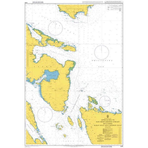 Product image of Admiralty Chart 4486 | Approaches to San Bernardino Strait including Albay Gulf and Lagonoy Gulf, featuring navigational markings, depth soundings, and coastal features, essential for safe marine navigation. It could be displayed as an art piece or used for navigation on a boat or ship.