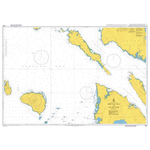 Product image of Admiralty Chart 4487 | Sibuyan Sea to Ticao Pass, featuring navigational markings, depth soundings, and coastal features, essential for safe marine navigation. It could be displayed as an art piece or used for navigation on a boat or ship.