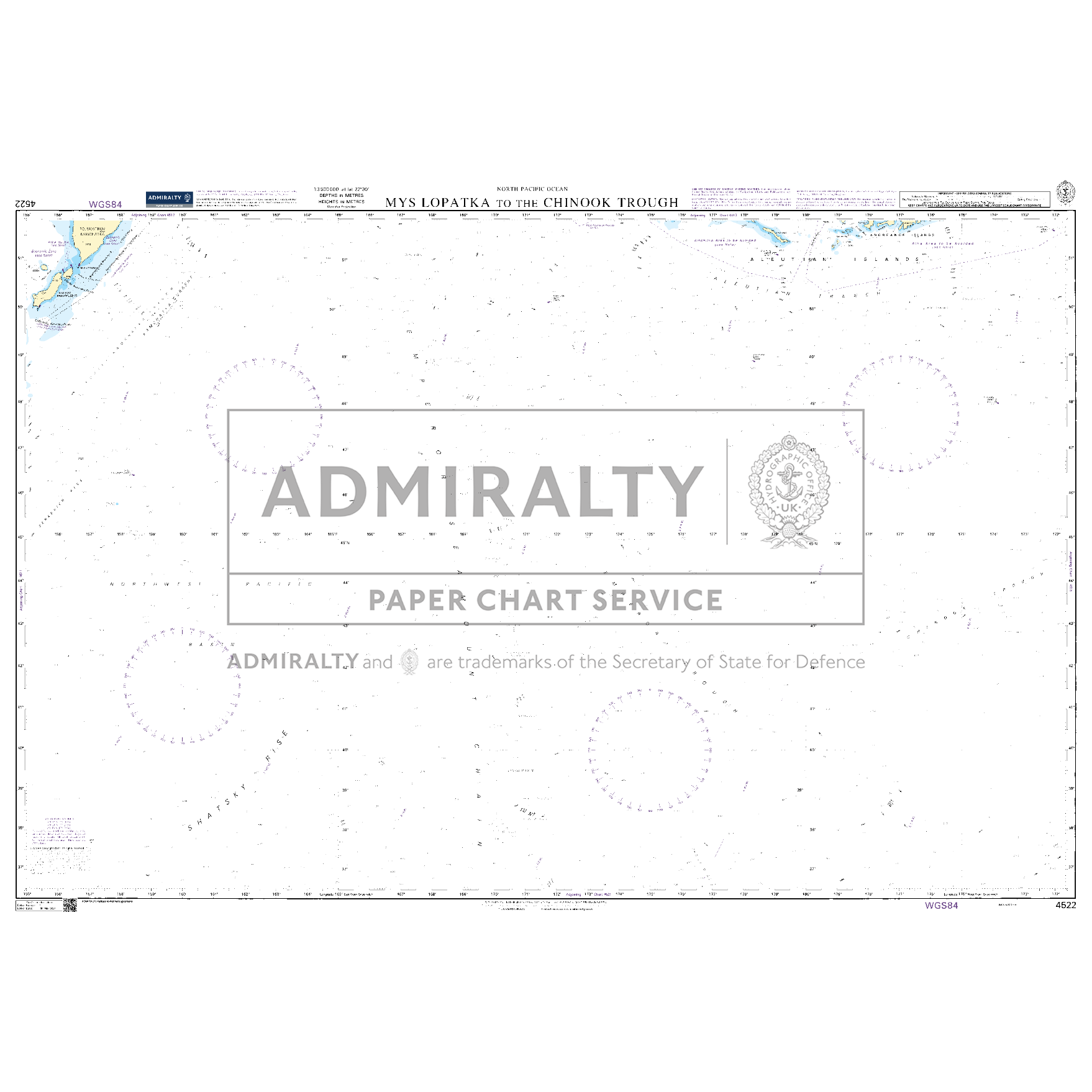 Product image of Admiralty Chart 4522 | Mys Lopatka to the Chinook Trough, featuring navigational markings, depth soundings, and coastal features, essential for safe marine navigation. It could be displayed as an art piece or used for navigation on a boat or ship.