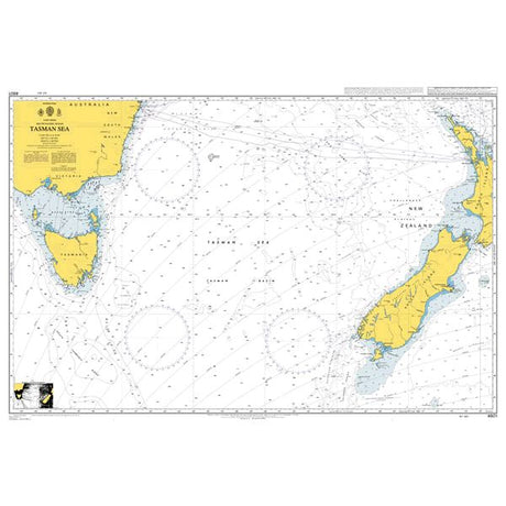 Product image of Admiralty Chart 4601 | Tasman Sea, featuring navigational markings, depth soundings, and coastal features, essential for safe marine navigation. It could be displayed as an art piece or used for navigation on a boat or ship.