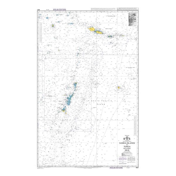 Product image of Admiralty Chart 4631 | Samoa Islands to Tonga including Niue, featuring navigational markings, depth soundings, and coastal features, essential for safe marine navigation. It could be displayed as an art piece or used for navigation on a boat or ship.