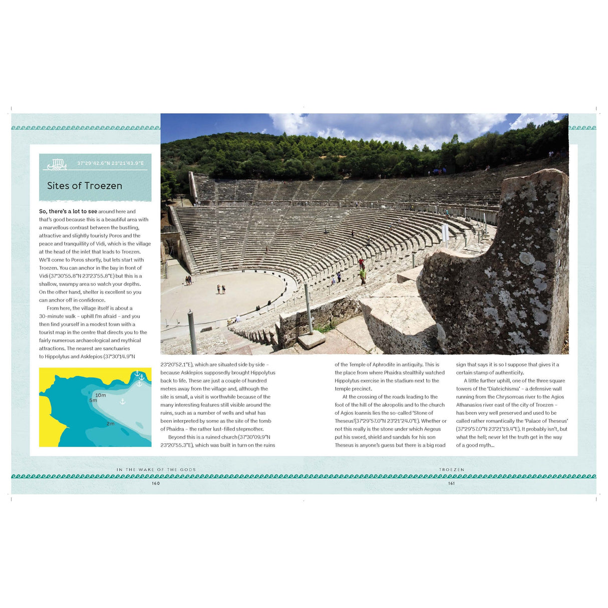 A travel magazine spread showcases the ancient amphitheater of Troezen, nestled amid lush green hills. The left page features text about Troezen's historical sites and includes a map from Adlard Coles' "In the Wake of the Gods" for a mythical sailing journey. The right page continues the narrative alongside the image of the amphitheater.