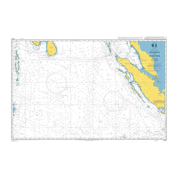 Product image of Admiralty Chart 4707 | Maldives to Sumatera, featuring navigational markings, depth soundings, and coastal features, essential for safe marine navigation. It could be displayed as an art piece or used for navigation on a boat or ship.