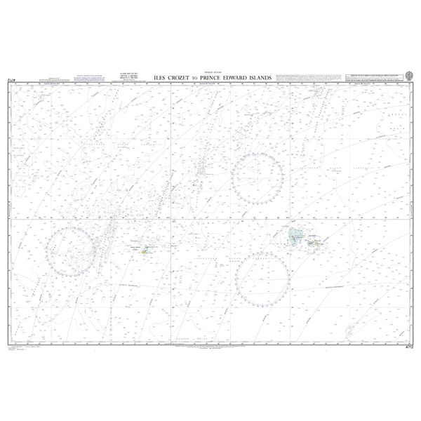 Product image of Admiralty Chart 4712 | Iles Crozet to Prince Edward Islands, featuring navigational markings, depth soundings, and coastal features, essential for safe marine navigation. It could be displayed as an art piece or used for navigation on a boat or ship.