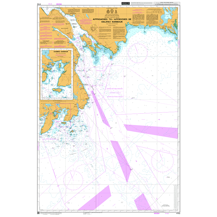 Product image of Admiralty Chart 4752 | Approaches to/Approches de Halifax Harbour, featuring navigational markings, depth soundings, and coastal features, essential for safe marine navigation. It could be displayed as an art piece or used for navigation on a boat or ship.