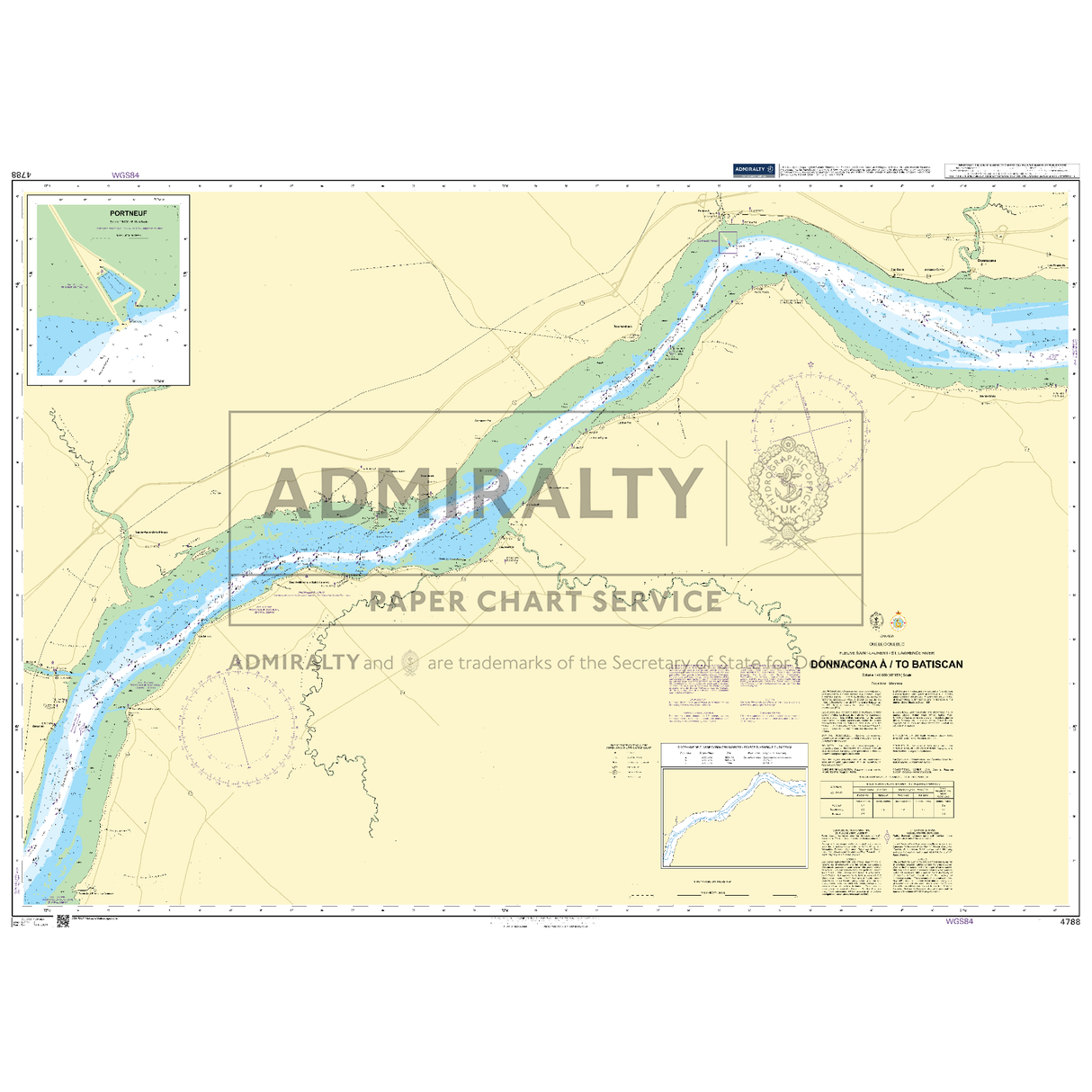 Product image of Admiralty Chart 4788 | Donnacona a/to Batiscan, featuring navigational markings, depth soundings, and coastal features, essential for safe marine navigation. It could be displayed as an art piece or used for navigation on a boat or ship.
