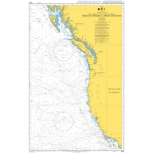 Product image of Admiralty Chart 4801 | Mexican Border to Dixon Entrance, featuring navigational markings, depth soundings, and coastal features, essential for safe marine navigation. It could be displayed as an art piece or used for navigation on a boat or ship.