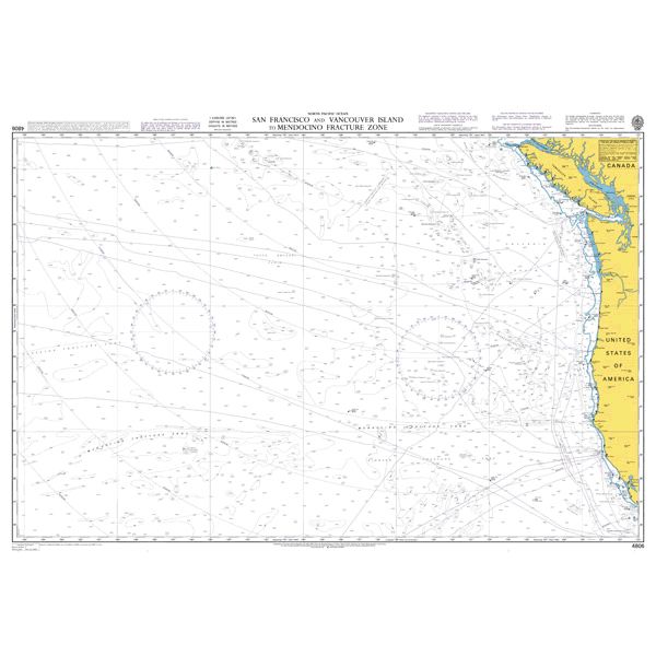 Product image of Admiralty Chart 4806 | San Francisco and Vancouver Island to Mendocino Fracture Zone, featuring navigational markings, depth soundings, and coastal features, essential for safe marine navigation. It could be displayed as an art piece or used for navigation on a boat or ship.