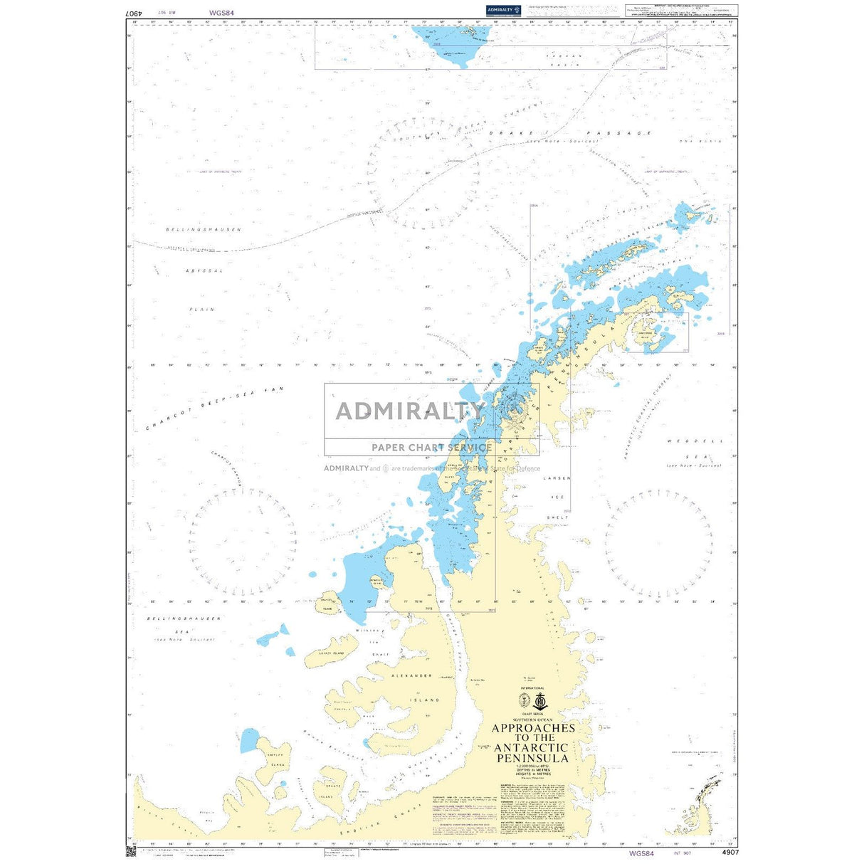 The Admiralty Chart 4907, titled "Approaches to the Antarctic Peninsula," offers detailed views of the region's coastline intricacies, water depths, navigational hazards, and ocean currents. Islands and key areas are annotated for safe navigation using official paper charts.