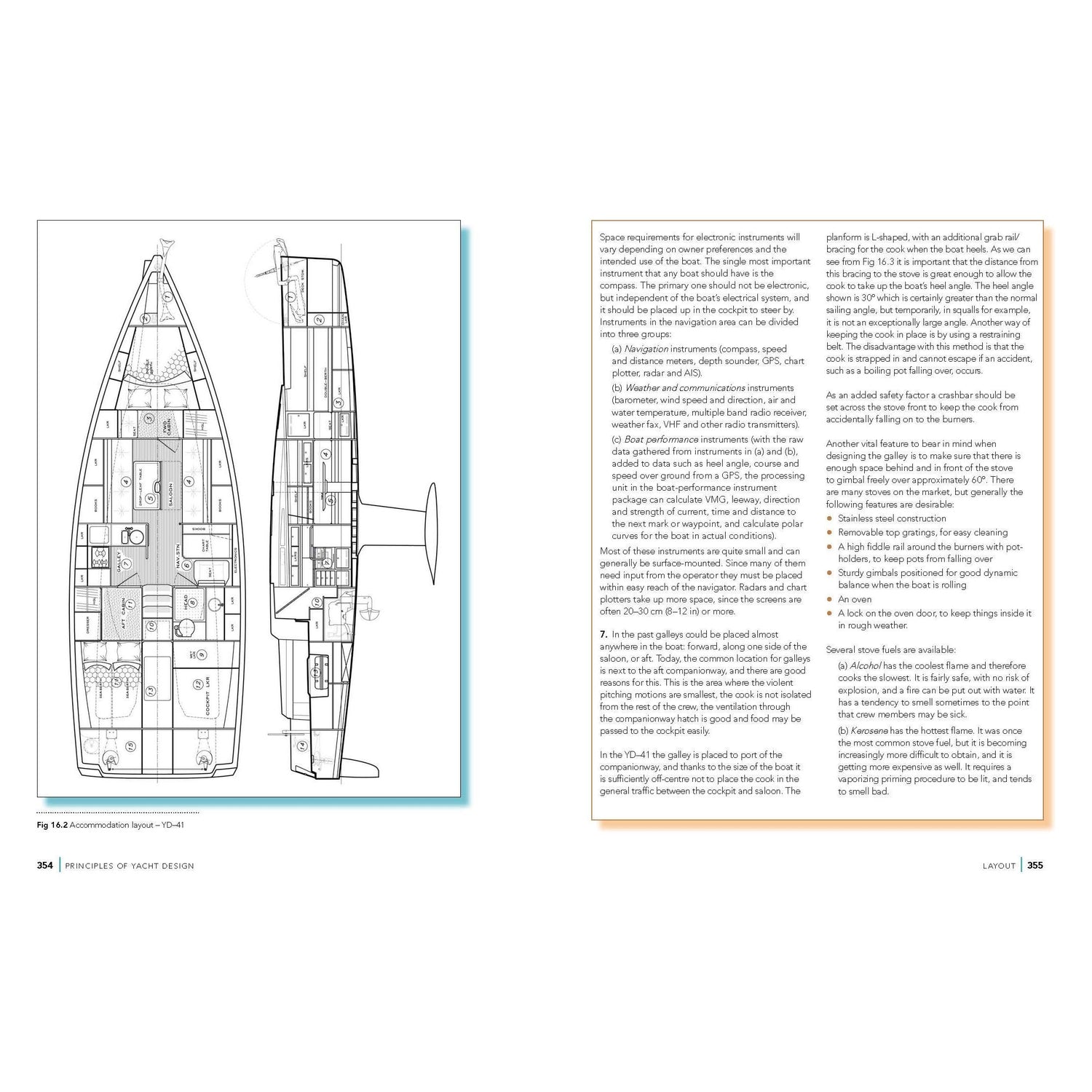 The left page of "Principles of Yacht Design" by Adlard Coles showcases a yacht's accommodation layout, highlighting different sections and rooms. On the right page, the focus shifts to Yacht Design, with detailed emphasis on electronic systems and safety features designed by expert Boat Builders in Naval Architecture.
