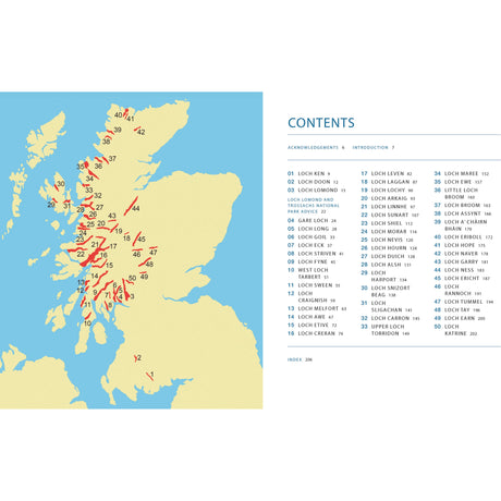 Discover Scotland's lochs with "Lochs of Scotland" by Conway. This comprehensive guide includes a map with numbered red locations highlighting breathtaking lochs like Loch Lomond and Loch Ness. A contents list on the right facilitates easy navigation with page numbers for each featured loch.