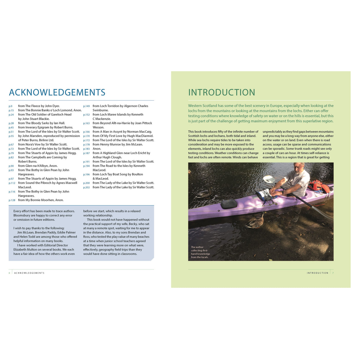 A two-page spread features the acknowledgements on the left and an introduction on the right from "Lochs of Scotland" by Conway. A photo displays a person in a purple kayak on a serene lake, evoking Scottish lochs with mountains in the background.
