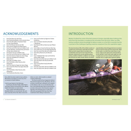 A two-page spread features the acknowledgements on the left and an introduction on the right from "Lochs of Scotland" by Conway. A photo displays a person in a purple kayak on a serene lake, evoking Scottish lochs with mountains in the background.