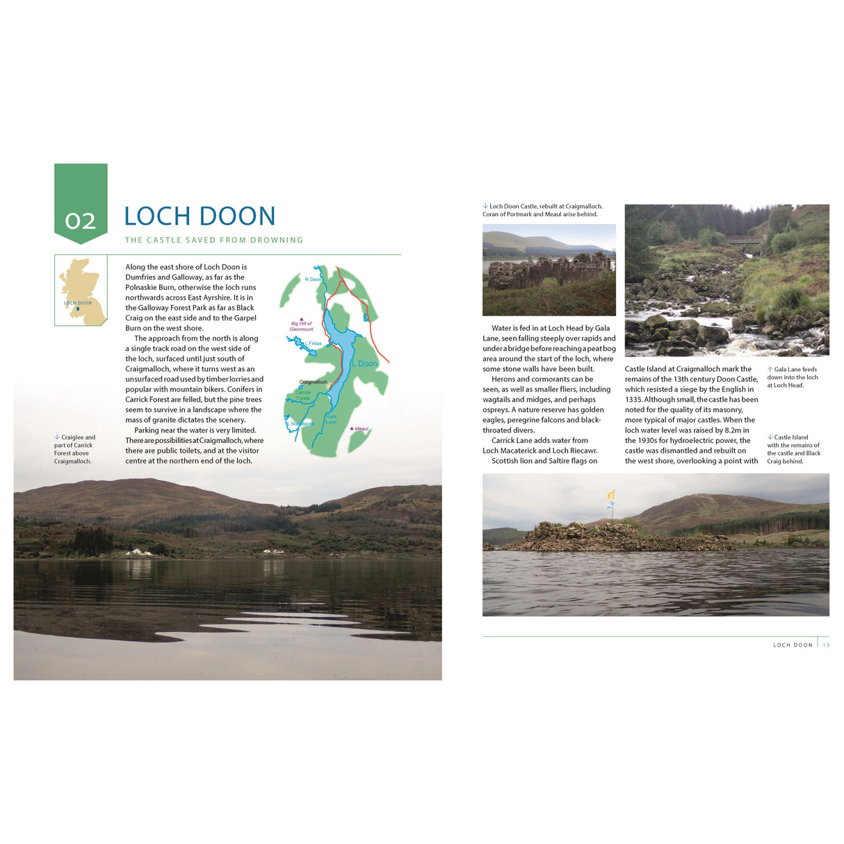 A two-page spread in Conway's "Lochs of Scotland" highlights Loch Doon. The left page features a map and text on the loch and castle history, essential for any guide, while the right showcases two photos with geographical and historical context details.