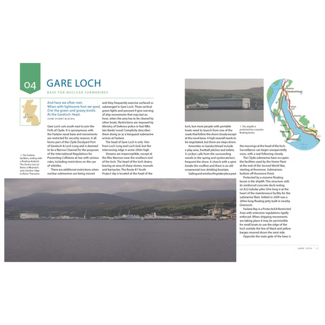 Discover Gare Loch, highlighted in Conway's "Lochs of Scotland," known for its nuclear submarine base. Enjoy a landscape photo of tranquil waters, hills, and buildings. Delve into its rich history with an illustrative map that pinpoints its fascinating location.